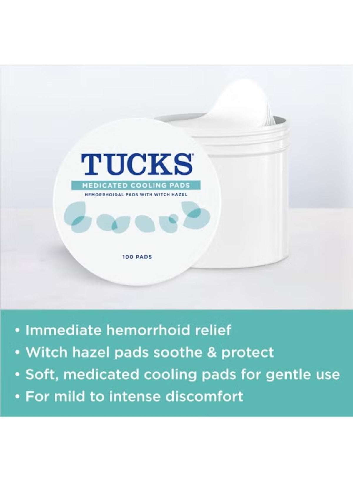 Tucks medicated cooling pads for hemorrhoids in a container with soothing features for immediate relief
