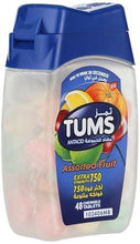 Antacid chewable tablets container, TUMS Assorted Fruit Extra Strength front label