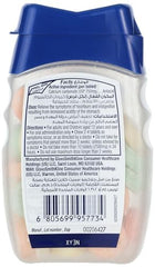 Tums antacid chewable tablets bottle with blue cap showing back label barcode and multicolored tablets
