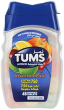 Antacid chewable tablets container, TUMS Extra Strength Assorted Fruit label