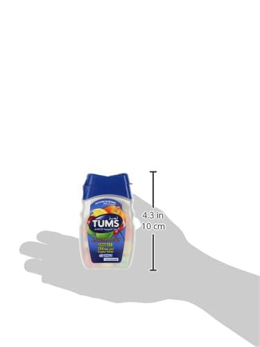 TUMS small bottle with blue cap of Tums antacid chewable tablets shown on a hand indicating 4.3 inch height