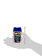 Plastic bottle of Tums antacid chewable tablets on hand silhouette with size indicator 4.4 in 11 cm