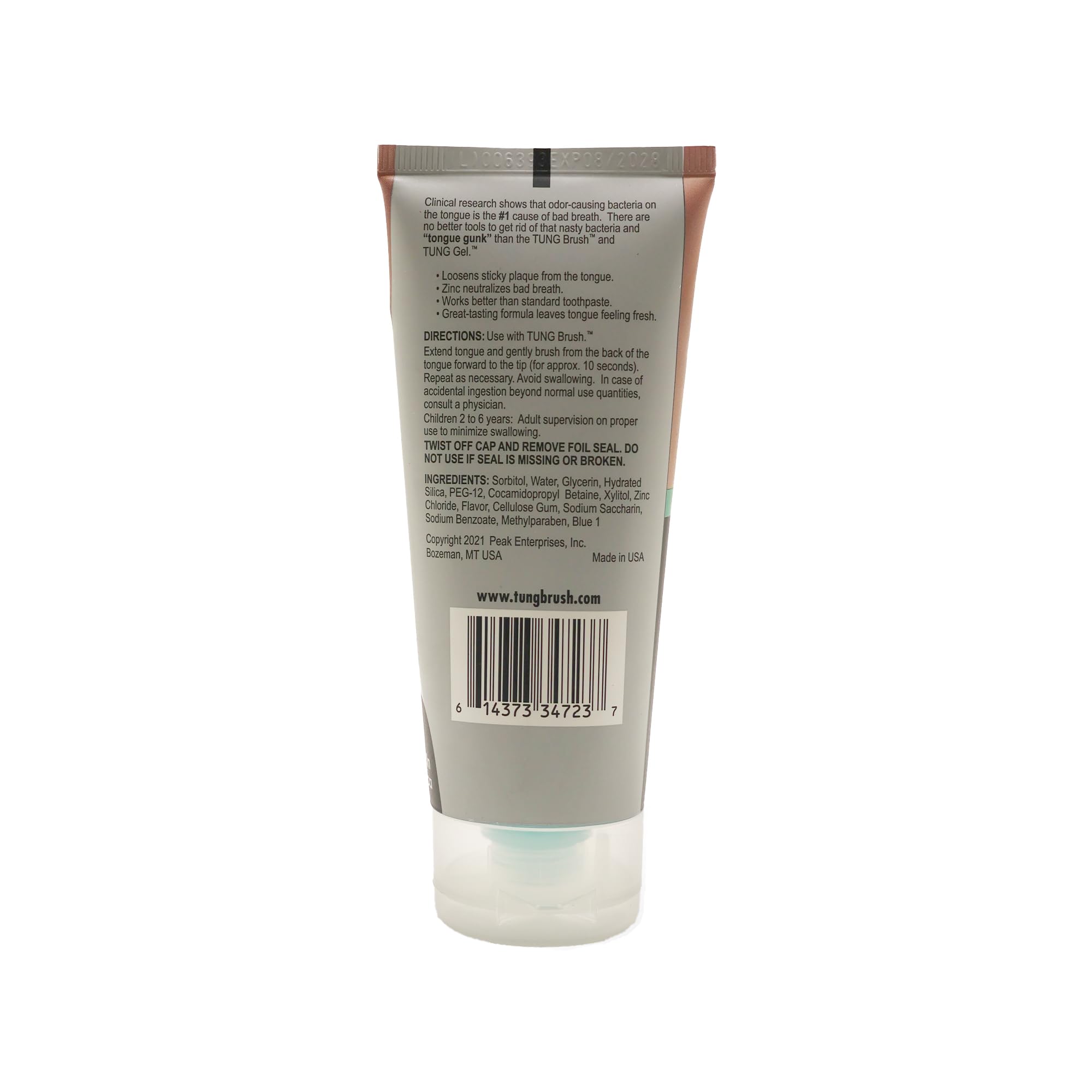 Back view of Peak Essentials The Original TUNG Gel tube with label and barcode TUNG Fresh Mint Gel for oral hygiene.