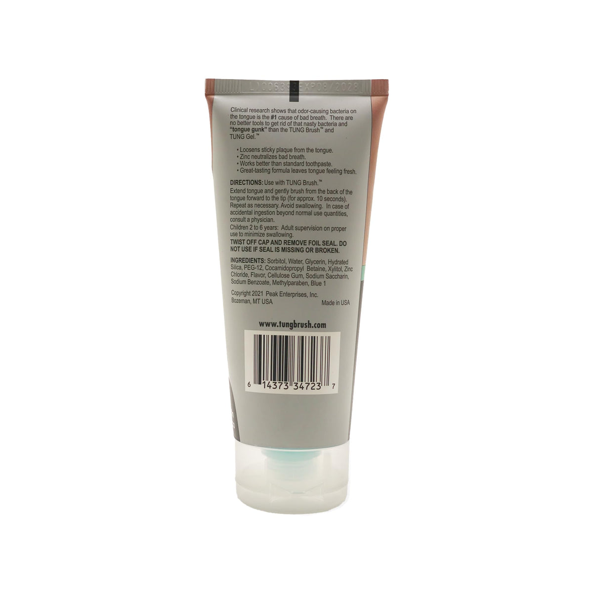 Back view of Peak Essentials The Original TUNG Gel tube with label and barcode TUNG Fresh Mint Gel for oral hygiene.