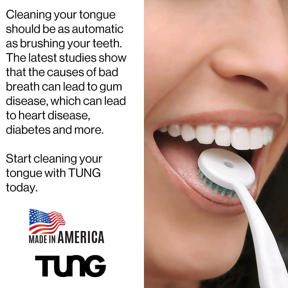 Close up of person using white tongue cleaner next to copy promoting TUNG Fresh Mint Gel for oral hygiene. Made in America logo.