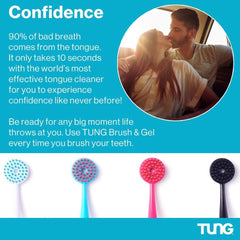 TUNG tongue cleaner brush promo showing four colorful round brush heads and couple kissing to show confidence