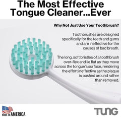 TUNG tongue cleaner brush close up showing white handle and teal soft bristles made in America