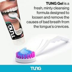 TUNG tongue cleaner brush with mint gel and white handle beside a tube of TUNG Gel