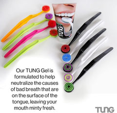 AB TUNG tongue cleaner brush set with colorful round bristle heads and TUNG Gel toothpaste for fresh breath