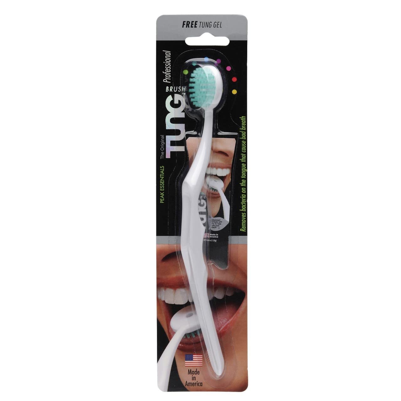 TUNG tongue cleaner brush in blister pack white handle green bristles showing smiling mouth and tongue cleaning