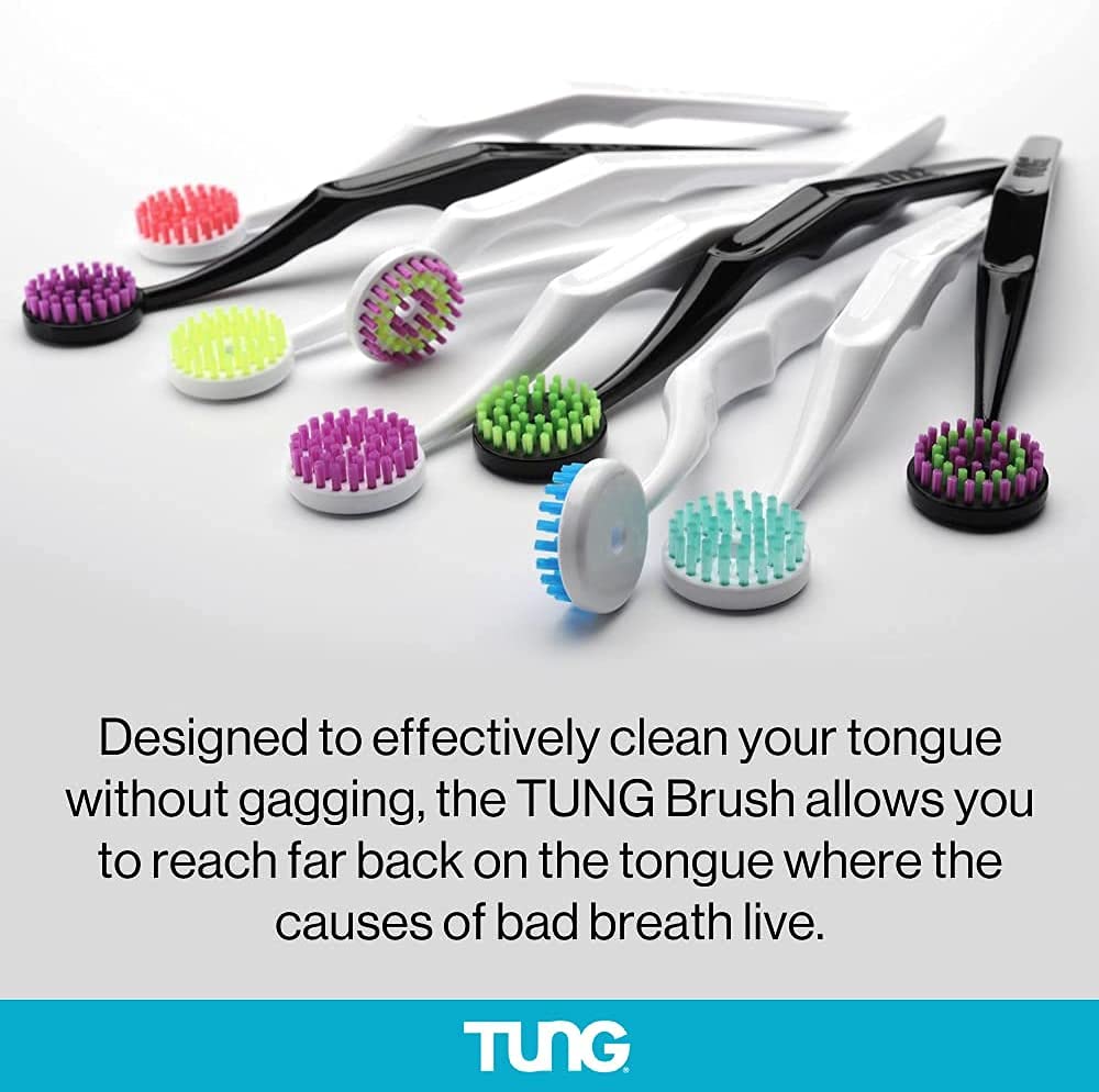 TUNG tongue cleaner brush set with multiple colored bristle heads and long white and black handles for effective tongue cleaning