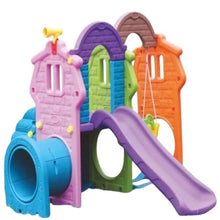 Kids tunnel playhouse with slide, purple slide and blue, pink, green, orange play panels.