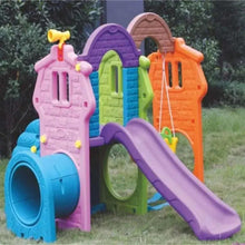 Kids tunnel playhouse with slide and molded tunnels, purple slide over colorful doors.