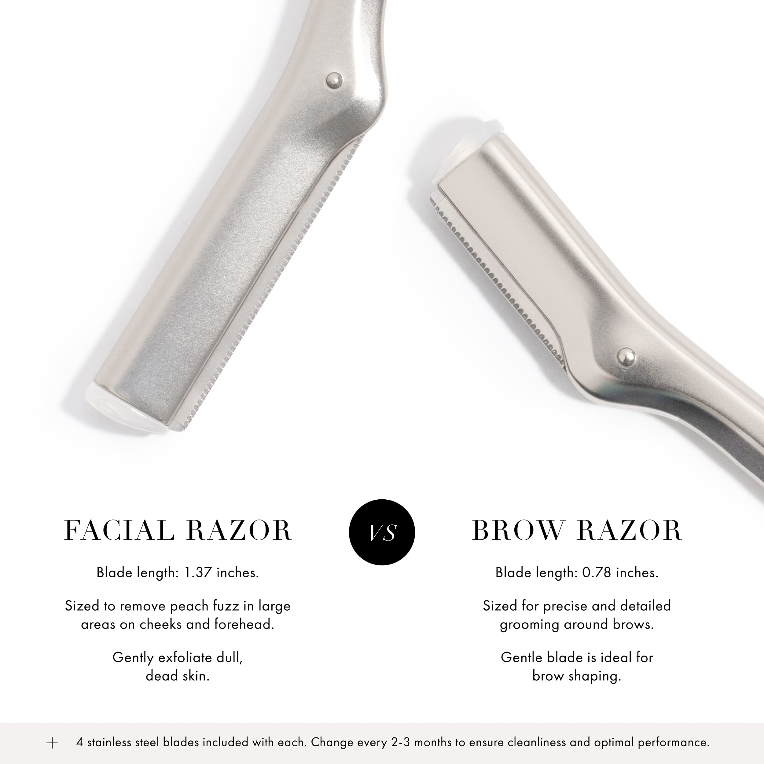 Tweezerman facial razor for women silver facial and brow razors shown with blade detail and product info