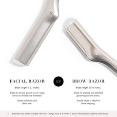 Tweezerman facial razor for women silver facial and brow razors shown with blade detail and product info