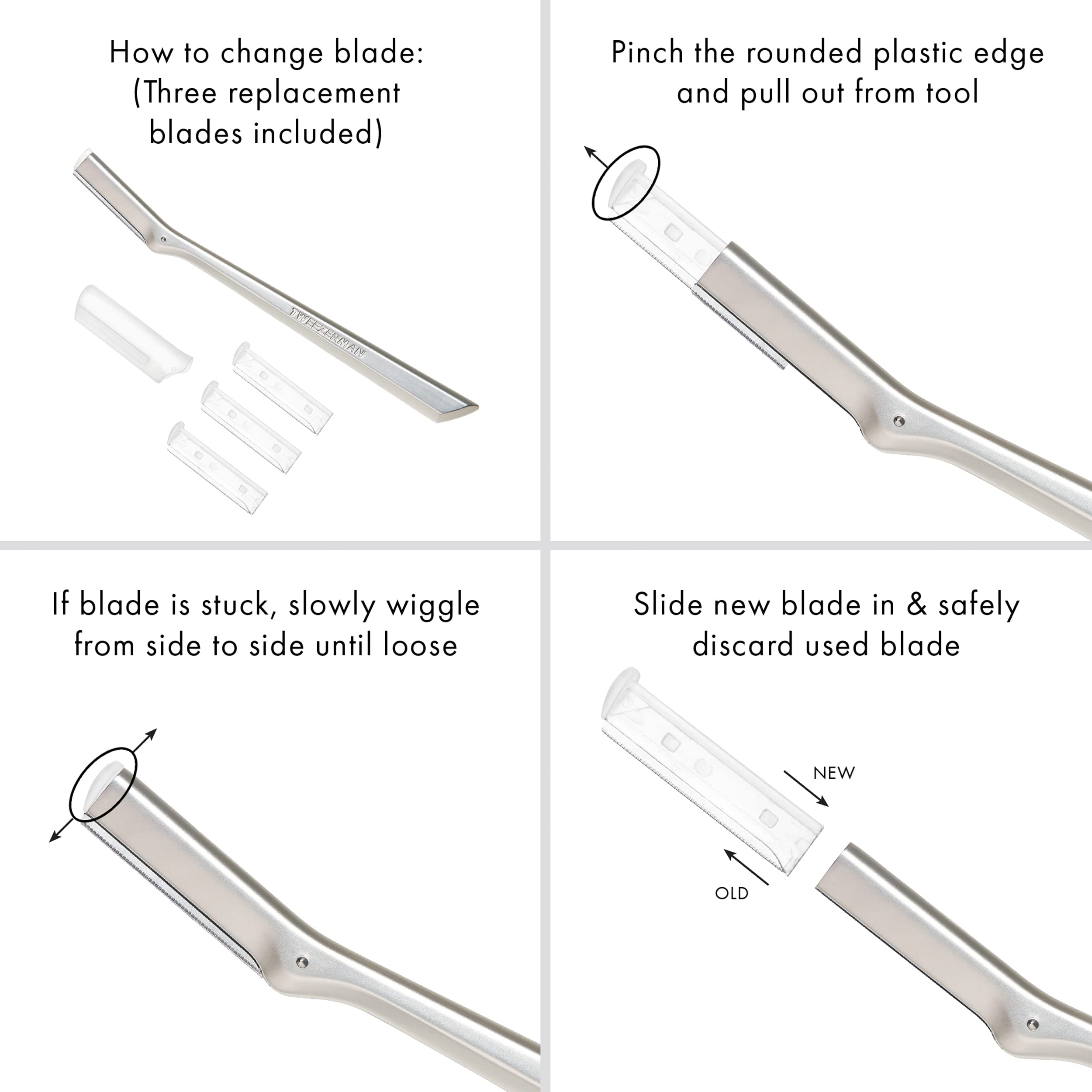 Tweezerman facial razor for women blade replacement instructions showing tool handle and three replacement blades
