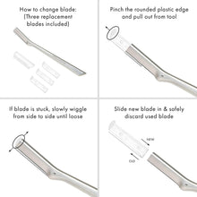 Facial razor dermaplaner blade replacement steps with arrows