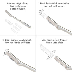 Tweezerman facial razor for women blade replacement instructions showing tool handle and three replacement blades