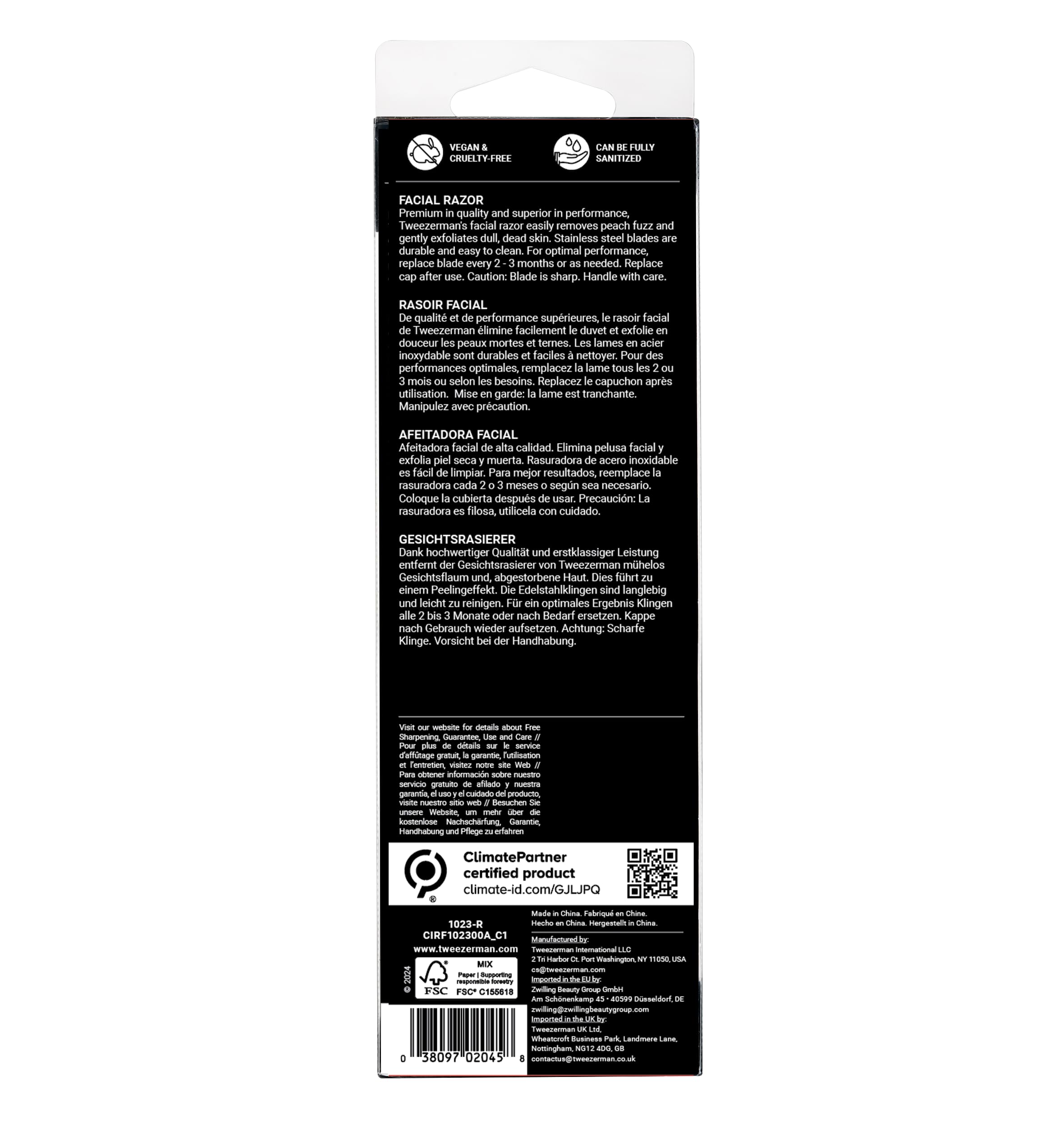 Tweezerman facial razor for women packaging back panel with multilingual instructions barcode and logos