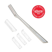 Silver facial razor dermaplaner with 3 spare blades and plastic covers