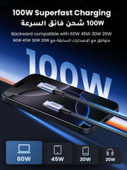 UGREEN 100W fast charging braided Type C cable connected to a smartphone with superfast charging display