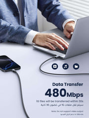 UGREEN 100W fast charging braided Type C cable connecting smartphone to laptop for data transfer