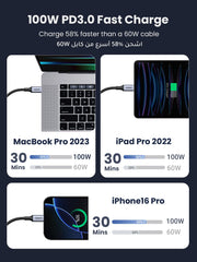 100W fast charging braided Type C cable charging MacBook Pro 2023 iPad Pro 2022 and iPhone16 Pro in 30 minutes