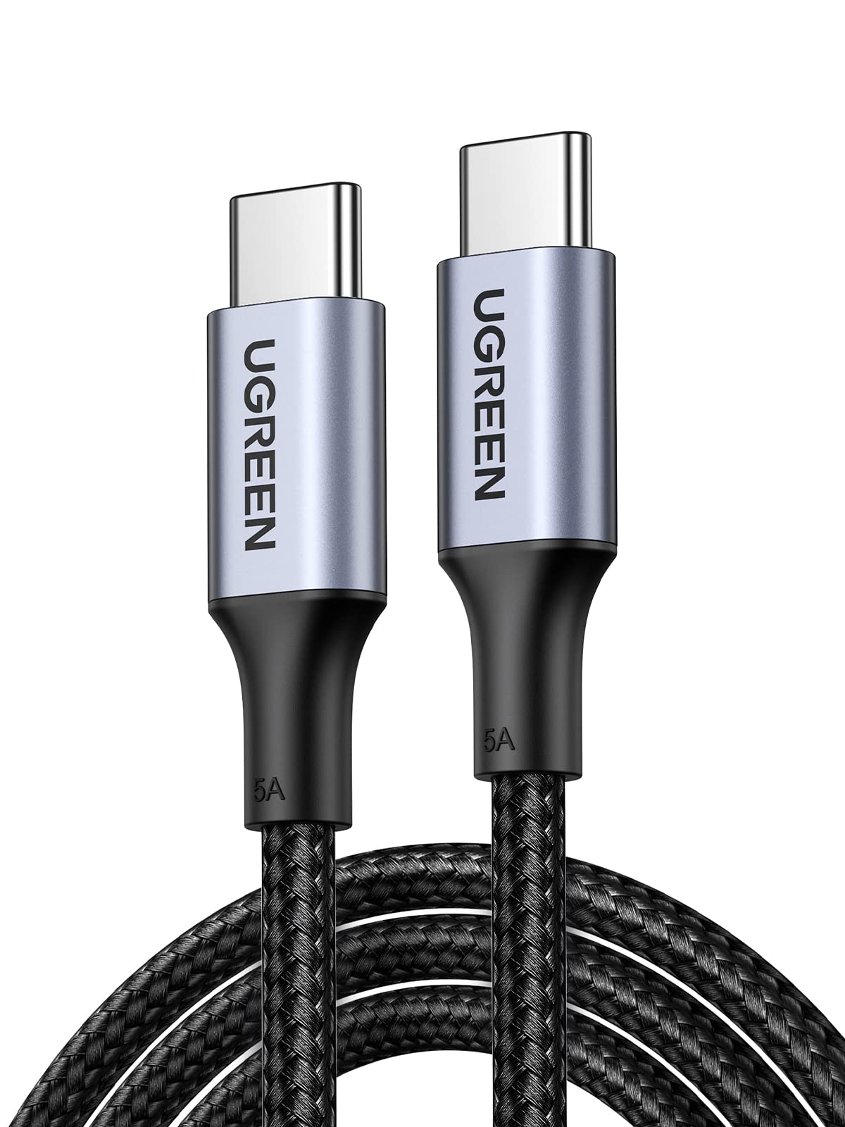 UGREEN 100W fast charging braided Type C cable with durable connectors and black nylon braided exterior