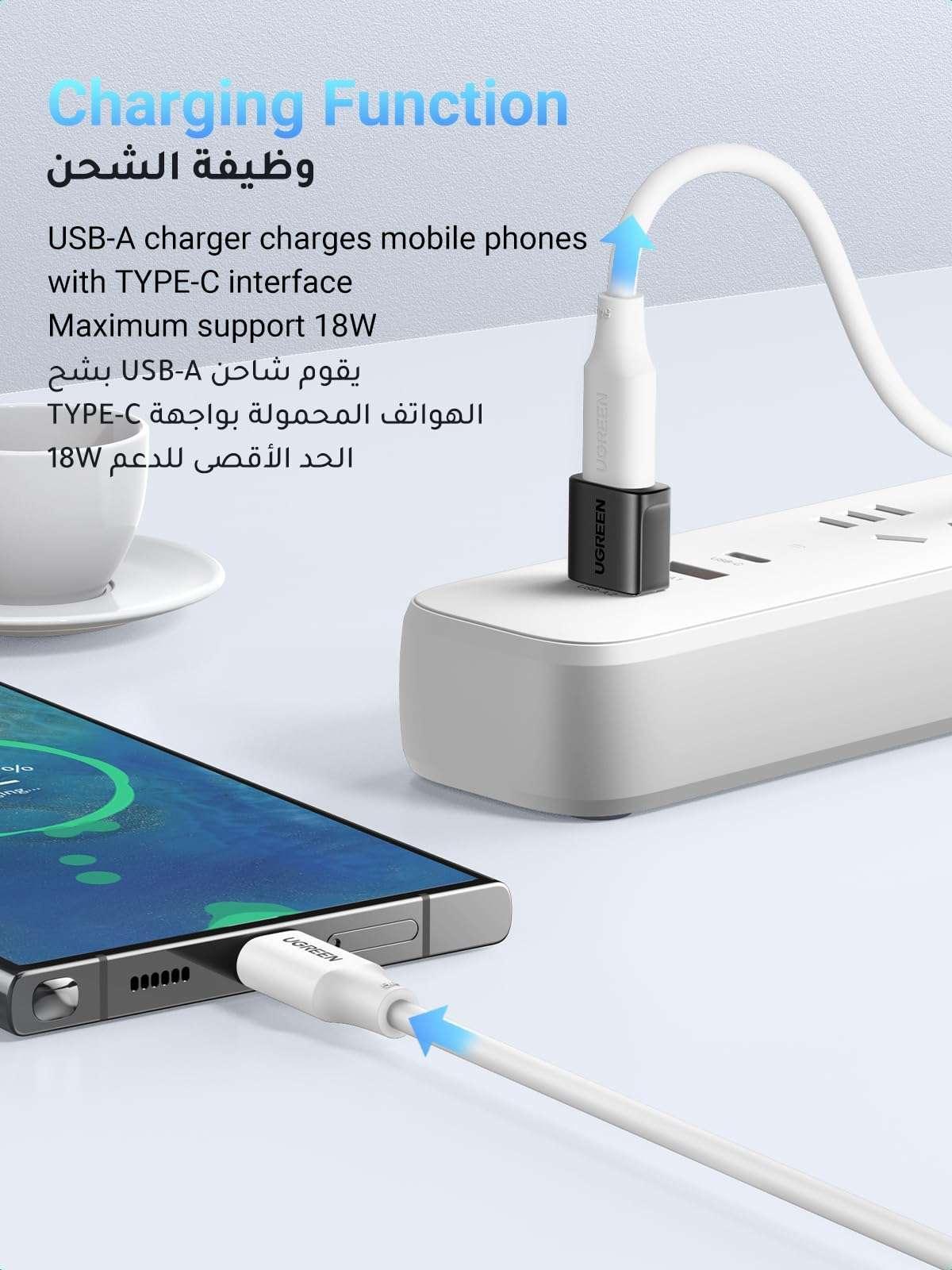USB Type-C to USB-A adapter with black body and USB-C end on charging cable, UGREEN