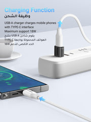 UGREEN 10Gbps Type C to A Connector white charging cable connected to smartphone and power strip