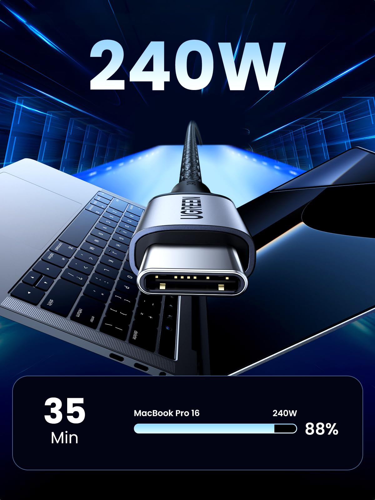 Fast charging USB C to Type C cable 240W powering a laptop and smartphone with quick charge indicator