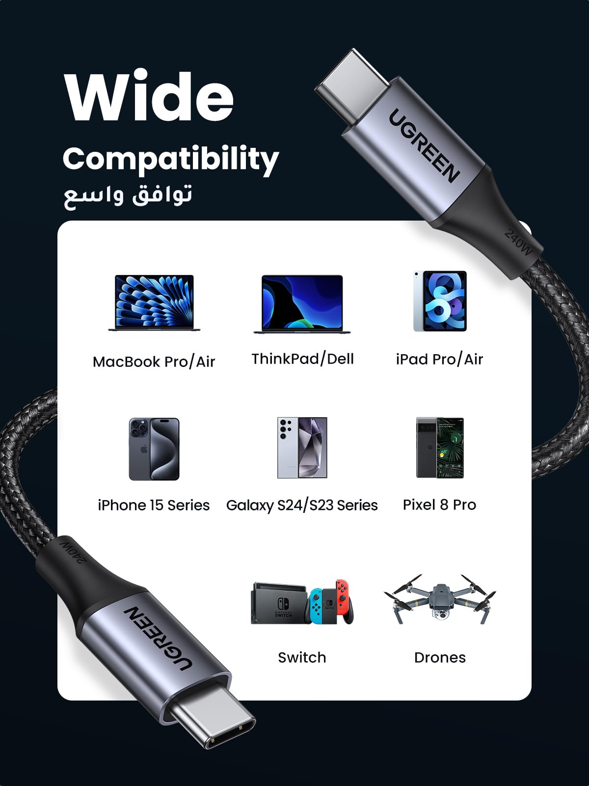 Fast charging USB C to Type C cable from UGREEN with wide compatibility for MacBook