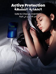 UGREEN Lightning cable for iPhone safely charging phone overnight with woman sleeping nearby