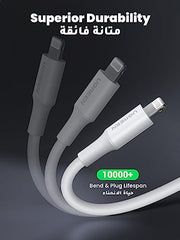 UGREEN Lightning cable for iPhone in black, gray, and white with superior durability and long bend lifespan
