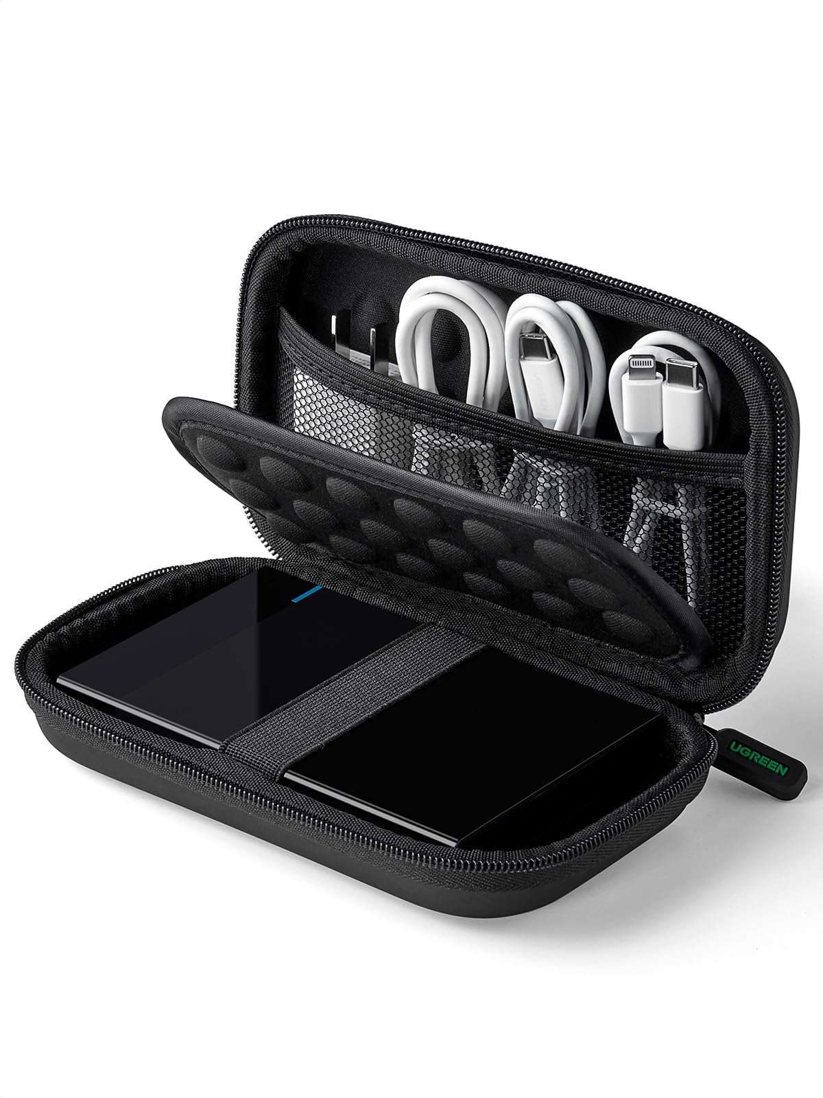 UGREEN shockproof hard drive carrying case with compartments holding external drives and cables