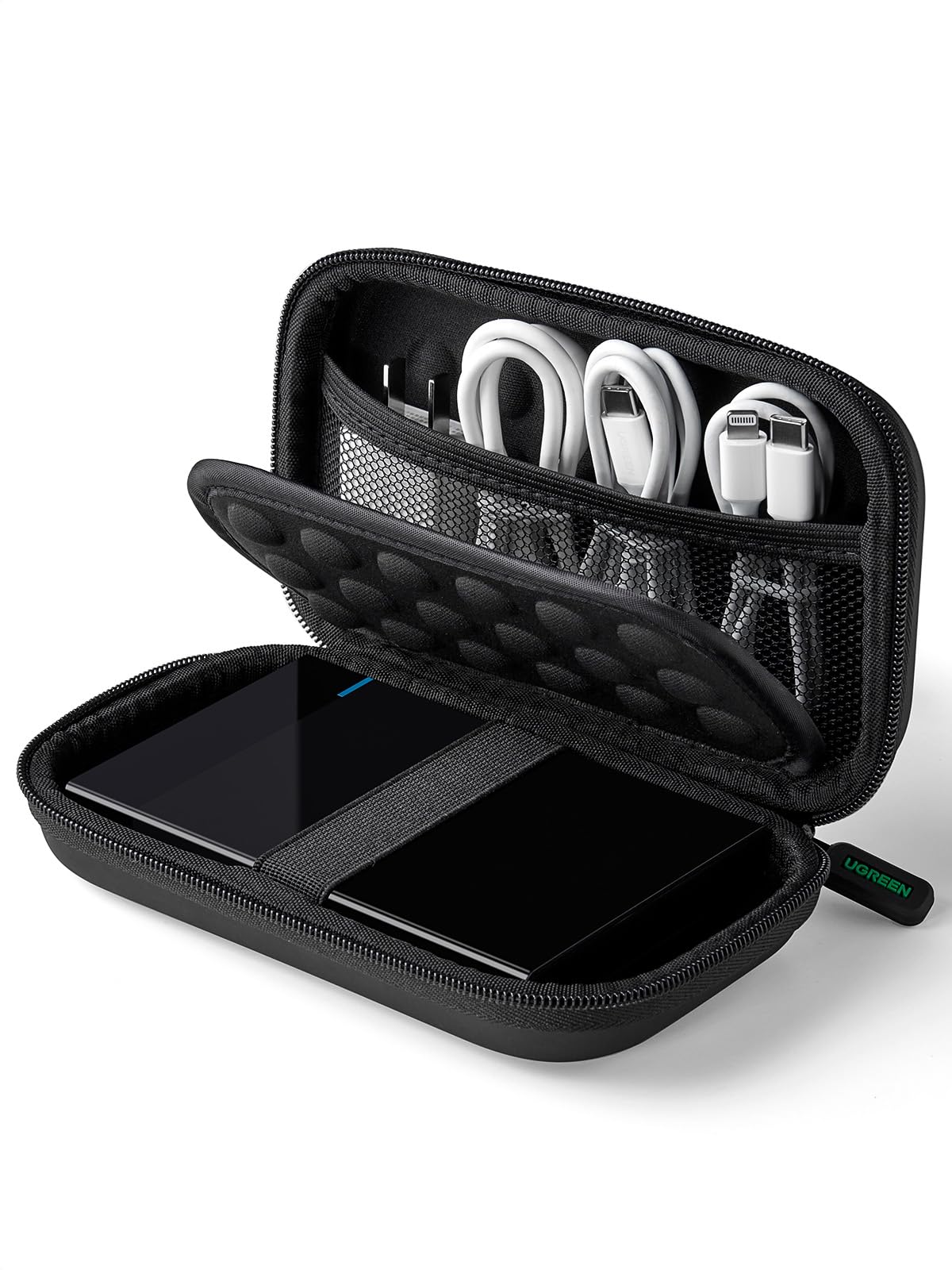 UGREEN shockproof hard drive carrying case with compartments holding external drives and cables