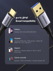 UGREEN USB C cable 2m showing USB Type-C and USB-A connectors compatible with Galaxy Huawei Xiaomi and game consoles