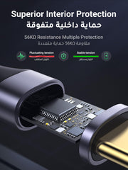 Close-up view of UGREEN USB C cable 2m showing internal chip with superior interior protection and 56K resistance