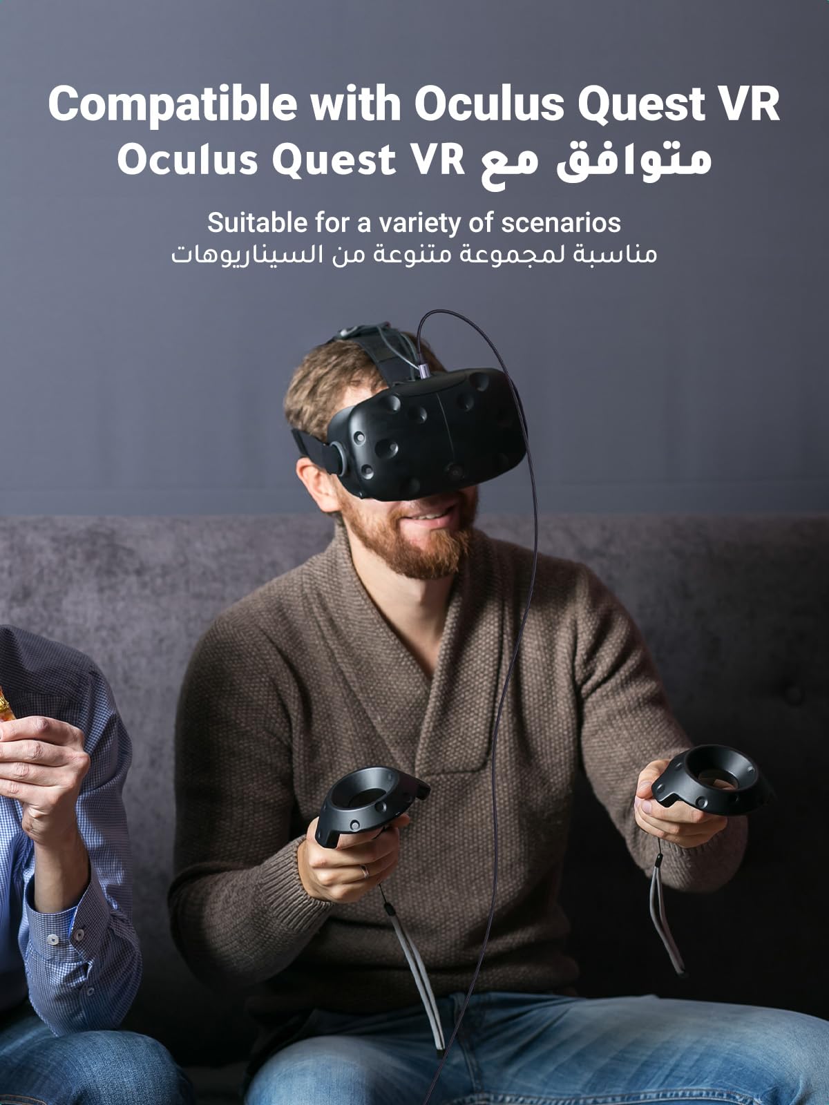 Man using Oculus Quest VR headset with controllers compatible with UGREEN USB C cable 2m