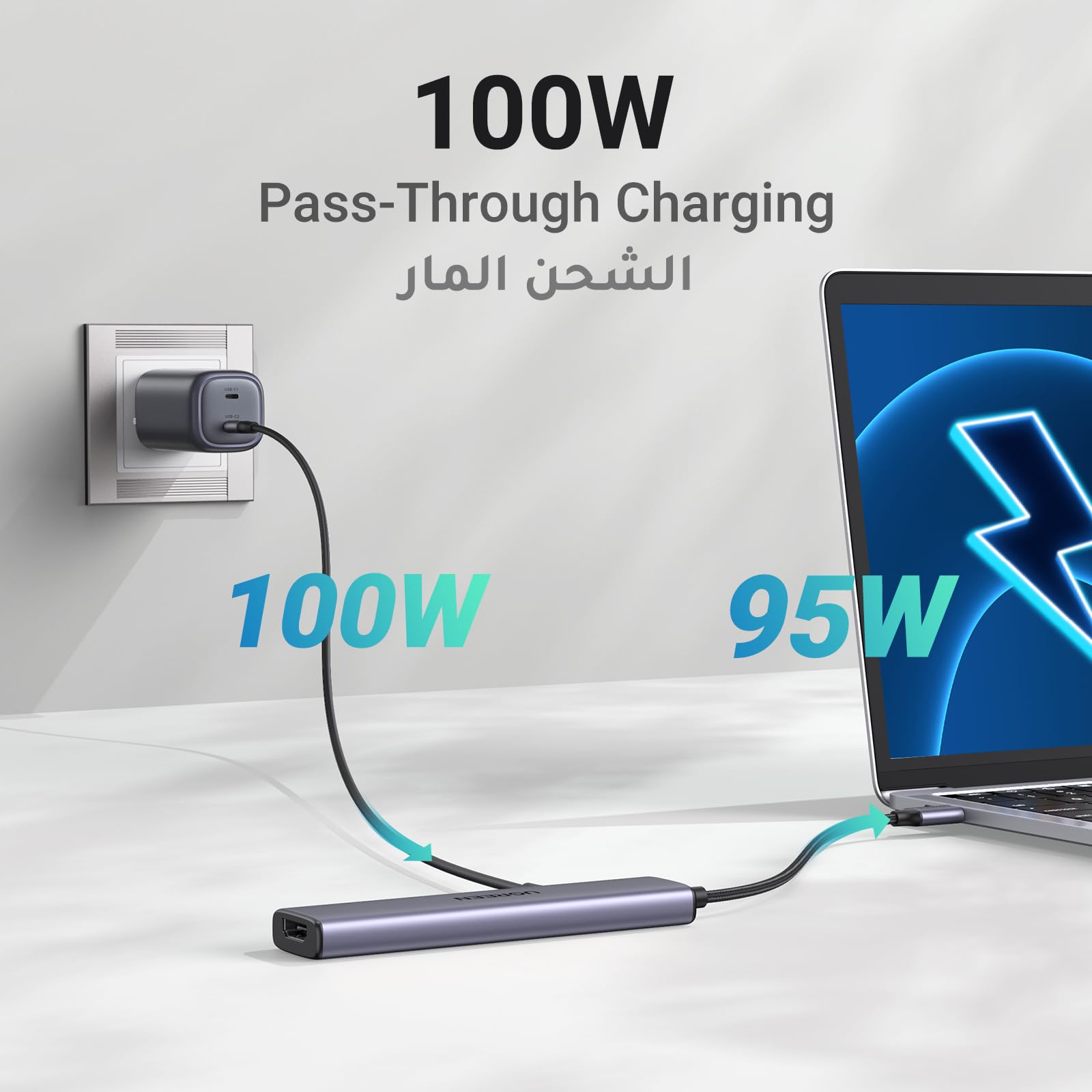 UGREEN USB C hub with HDMI for MacBook Pro featuring 100W pass-through charging connected to laptop and power outlet