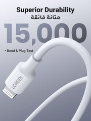 UGREEN USB C to Lightning fast charging cable showing superior durability with 15000 bend and plug test