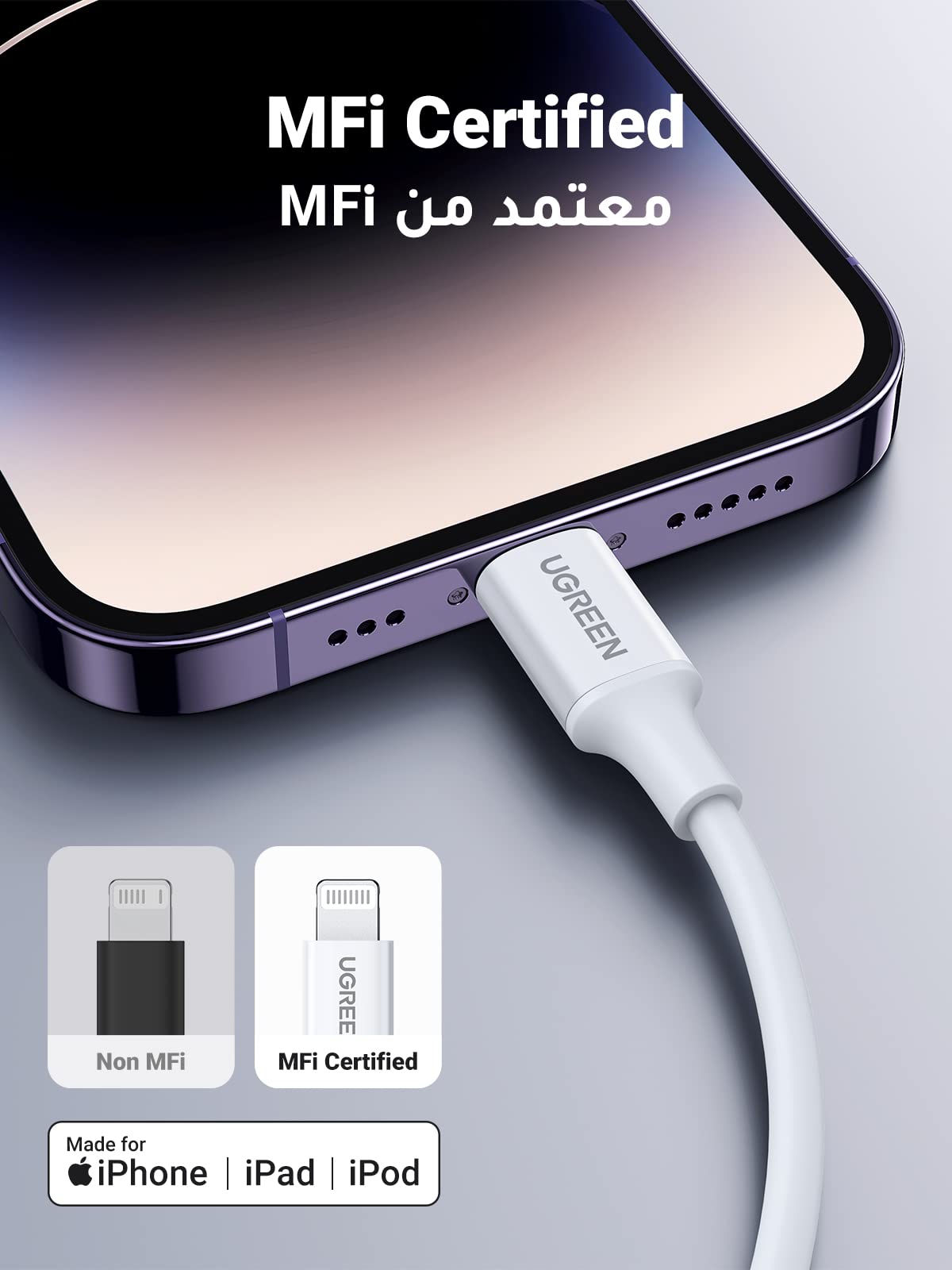 UGREEN USB C to Lightning fast charging cable connected to an iPhone with MFi certification
