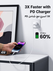 UGREEN USB C to Lightning fast charging cable connected to a phone and wall charger showing 60 percent battery in 30 minutes