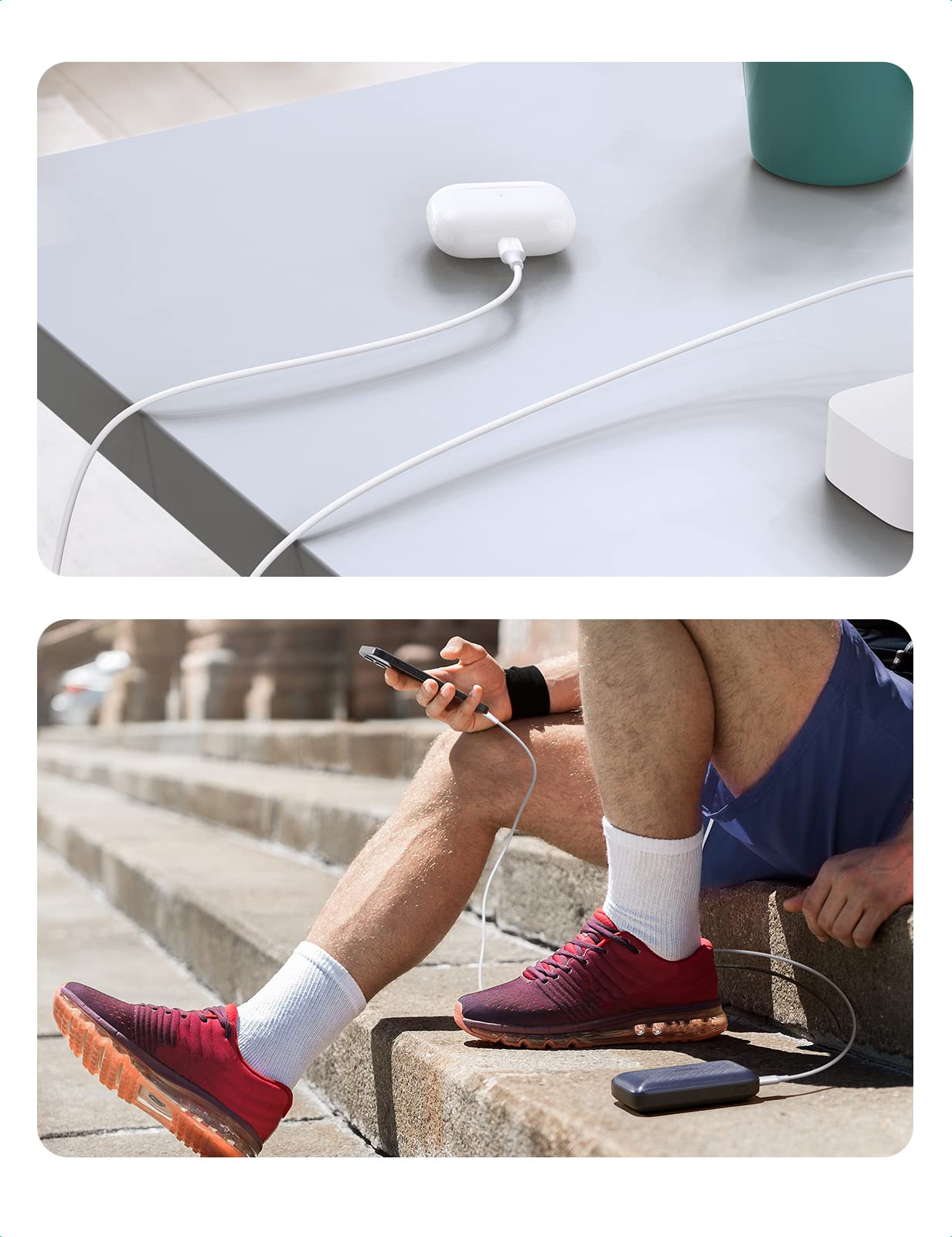 UGREEN USB C to Lightning fast charging cable charging wireless earbuds and smartphone outdoors