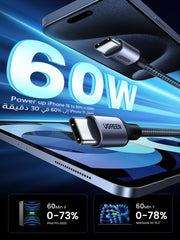 UGREEN USB-C to Type C cable for iPhone 16 Pro Max with 60W fast charging for quick power up