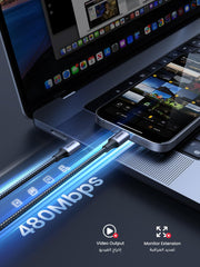 UGREEN USB-C to Type C cable for iPhone 16 Pro Max connected to a laptop with data transfer speed of 480 Mbps