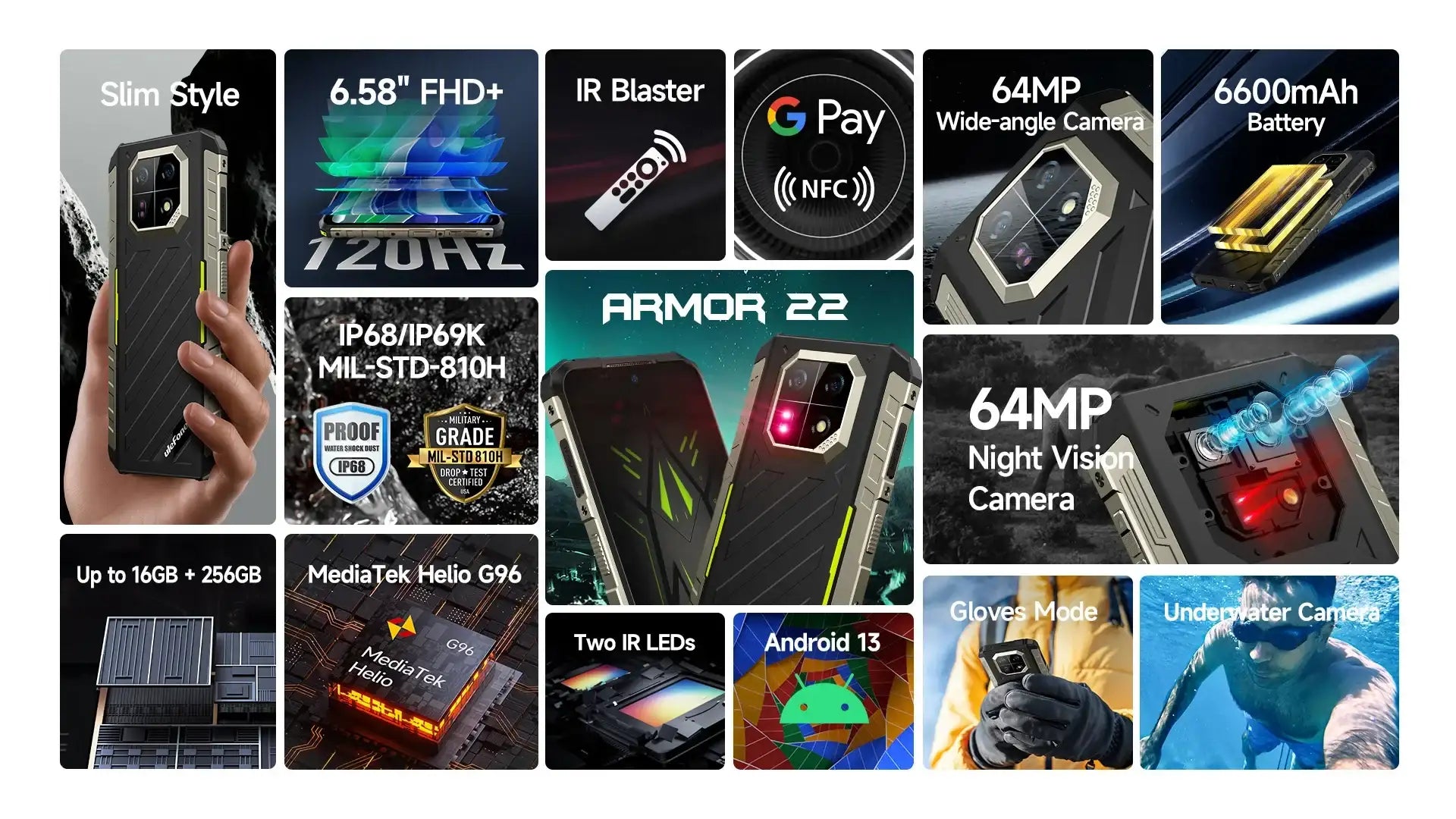 Ulefone Armor 22 rugged smartphone front and back with 64MP night vision camera, 6.58 FHD 120Hz display and 6600mAh battery