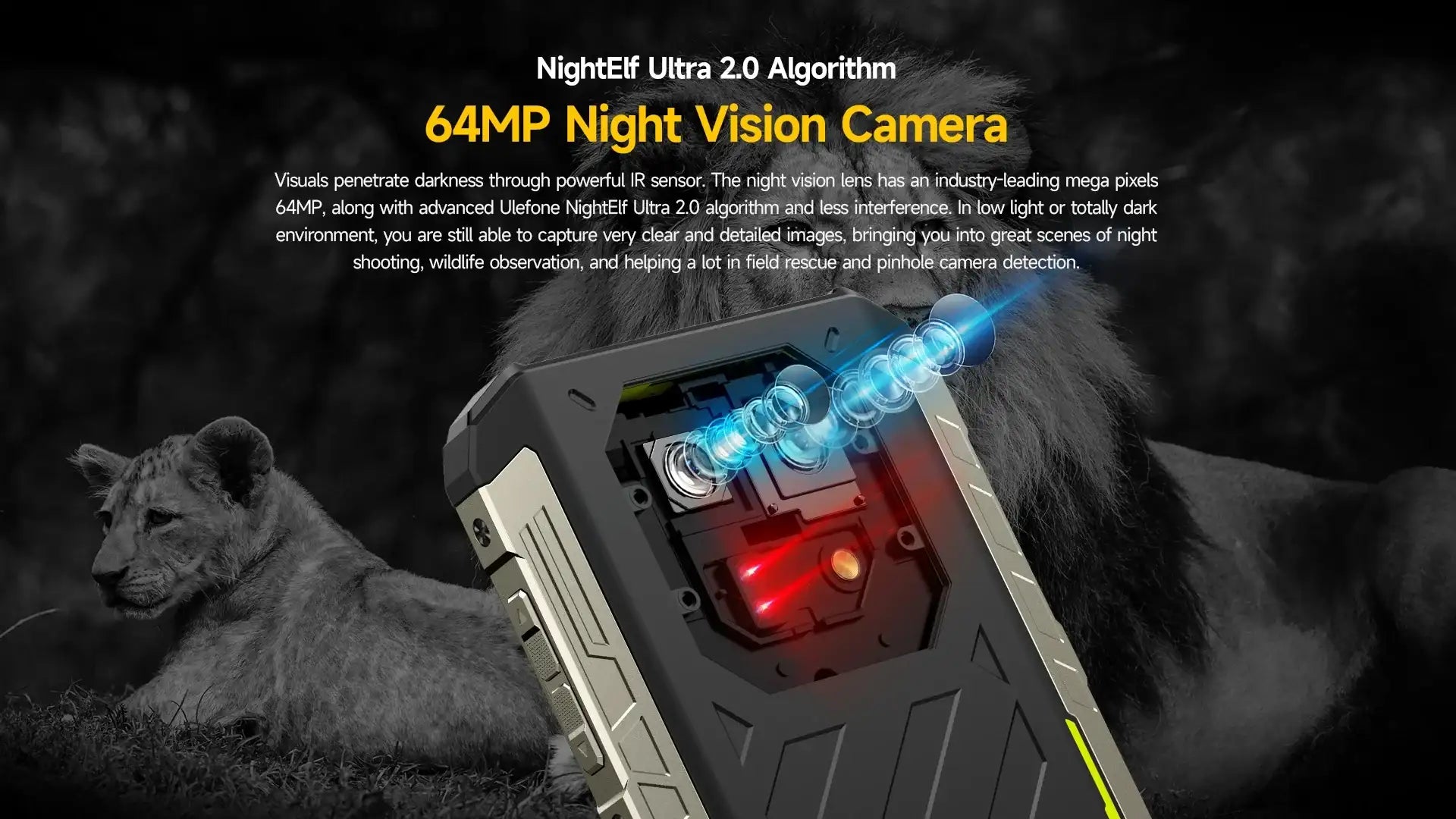 Ulefone Armor 22 rugged smartphone rear view highlighting 64MP night vision camera lenses and rugged casing