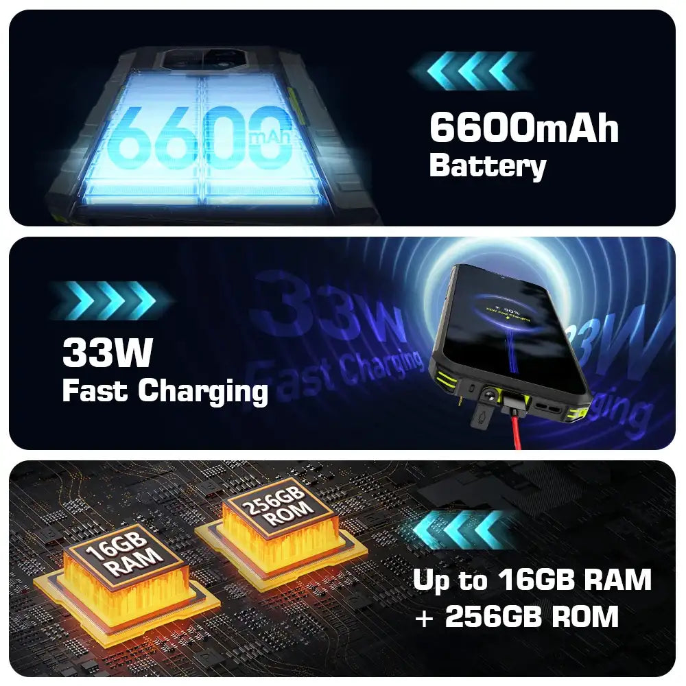 Ulefone Armor 22 rugged smartphone showcasing 6600mAh battery, 33W fast charging, and up to 16GB RAM and 256GB ROM