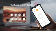 Ulefone Armor 22 rugged smartphone held showing IR blaster remote app controlling TV in living room